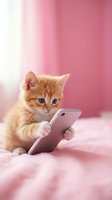 Adorable orange tabby kitten holding pink smartphone on soft pink background, perfect for tech, pet, and lifestyle marketing campaigns.