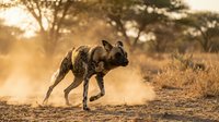 Wild African painted dog running through dusty savanna landscape during golden hour sunset with acacia trees in background creating dramatic wildlife scene.