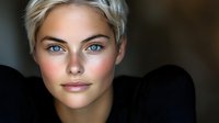 Close up portrait of young woman with short platinum blonde hair, bright blue eyes and natural makeup against dark background, beauty concept.