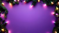 Christmas lights and pine branches create festive frame border on purple background with copy space for holiday greeting cards and seasonal designs.