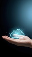 Hand holding glowing digital cloud with circuit patterns and sparkles representing cloud computing technology and data storage solutions.