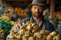 Caucasian farmer with red beard and hat displaying fresh Jerusalem artichokes at local market stall, organic produce vendor showing seasonal root vegetables.