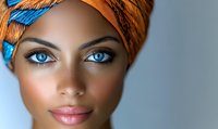 Young African woman wearing colorful orange and blue headwrap, close up portrait showing bright blue eyes, natural makeup and glowing skin against soft background.