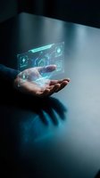 Businessman hand displaying holographic smart home control interface with energy, security and media icons for modern automation technology solutions.