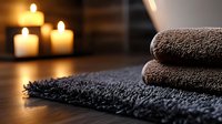 Folded brown spa towels on dark textured bath mat with glowing candles creating relaxing atmosphere for wellness and meditation background.