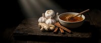 Garlic bulbs and star anise arranged beside wooden bowl of honey with dipper on dark rustic surface for culinary and food styling projects.