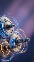 Futuristic mechanical gears with glowing energy rings on purple gradient background for technology and innovation concepts.