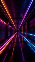 Futuristic neon corridor with vibrant purple, pink and orange light streaks creating dynamic perspective in dark industrial hallway with reflective wet floor.