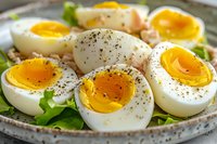 Halved soft boiled eggs seasoned with black pepper on fresh lettuce leaves, close up view showing creamy golden yolks. Healthy protein-rich breakfast or snack.
