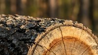 Cross-section of weathered tree trunk showing natural wood grain rings and bark texture in forest setting for organic design projects.
