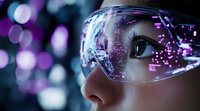 Futuristic close up of woman wearing transparent smart glasses with purple digital interface display and holographic data visualization elements against bokeh background.