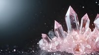 Pink rose quartz crystal cluster formation with raw mineral points emerging against dark background, magical sparkles and bokeh effects create mystical atmosphere.