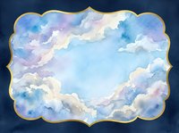 Watercolor sky frame with soft blue and purple clouds, gold border, dark navy background, copy space for text, greeting card design.