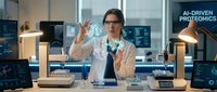 Female scientist in white lab coat interacts with glowing holographic lungs display in high-tech laboratory, AI-driven proteomics research concept.