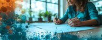 Young woman in turquoise blazer writing at desk near window with creative blue splash overlay effect, panoramic composition for business and education concepts.