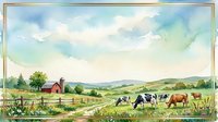 Pastoral countryside landscape with grazing cattle, red barn, and rolling hills under cloudy sky. Watercolor style artwork suitable for home decor, agricultural themes, and rural design projects.