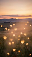 Romantic sunset landscape with glowing heart-shaped bokeh lights over rolling hills and meadow grass creating dreamy atmosphere for love concepts.