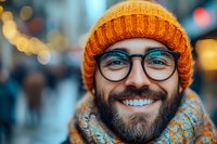 Happy young Caucasian man with beard wearing orange knit beanie and glasses smiling at camera on blurred city street with bokeh lights background.