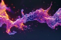 Abstract fluid motion with vibrant purple, orange and blue colors flowing against dark background, creating dynamic splash effect with glowing particles and smoke trails.