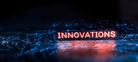 Glowing red neon innovations text on futuristic digital network background with blue light effects, modern technology concept for business presentations.