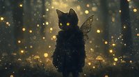 Mystical black cat with fairy wings and glowing yellow eyes against dark forest background with magical bokeh lights. Fantasy concept art.