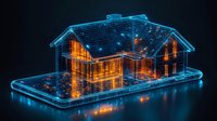 Digital wireframe house model glowing in orange and blue neon colors on smartphone screen, representing modern architecture and smart home technology concept.