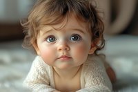 Adorable Caucasian baby with bright blue eyes and curly brown hair wearing white knit sweater lying on bed, soft focus portrait in natural light.
