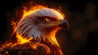 Majestic eagle head with fiery flames effect against dark background, glowing orange eyes and detailed feathers create dramatic fantasy art composition.