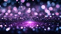 Magical purple and blue bokeh lights with glowing particles creating dreamy atmosphere on dark background. Sparkling festive backdrop for celebrations.