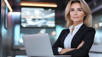 Confident blonde businesswoman in formal attire with arms crossed standing next to laptop in modern corporate environment.