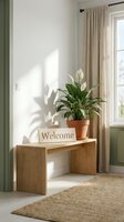 Bright minimalist entryway with wooden bench, welcome sign, peace lily in terracotta pot, linen curtains, and natural light casting soft shadows.
