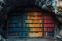 Colorful bookshelf arranged by spectrum colors inside natural cave formation, creating striking contrast between literature and raw stone environment.