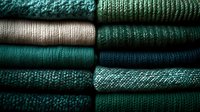 Stack of folded green and teal knitted sweaters and cardigans with various textures and patterns arranged in neat piles for seasonal wardrobe and fashion styling.