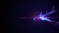 Glowing neon airplane silhouette with particle trail effect on dark background. Digital art for technology, travel, aviation, and innovation concepts.