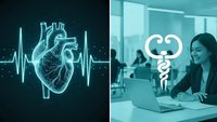 Digital healthcare concept showing anatomical heart with ECG rhythm and Asian female doctor working on laptop in modern medical office environment.