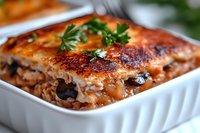 Homemade mushroom and meat lasagna in white ceramic baking dish, layered with cheese and tomato sauce, garnished with fresh parsley, close-up view.