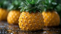 Fresh ripe pineapple with water drops on dark background, selective focus on foreground fruit with blurred similar fruits behind. Food photography.