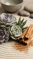 Spa wellness arrangement with succulent plants, cinnamon sticks and zen stones on natural wooden surface for relaxation and aromatherapy treatments.