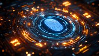 Digital fingerprint scan with glowing blue circular interface surrounded by orange technological elements and circuit patterns on dark background for security concepts.
