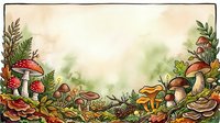 Watercolor forest floor scene with red and orange mushrooms, toadstools, ferns, and moss on cream background, suitable for nature illustrations, children's books, and woodland-themed designs.