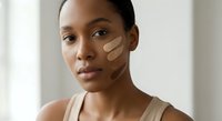 Young African American woman applying foundation makeup with finger, natural beauty skincare routine in soft daylight for cosmetic advertising.