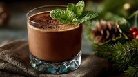 Rich chocolate mousse dessert with fresh mint garnish served in elegant glass cup on rustic wooden table with festive holiday decorations and pine cones.