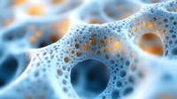 Microscopic view of cellular structure with blue and orange tones showing interconnected bubbles and holes in organic matter, creating abstract scientific pattern.