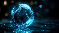 Glowing blue energy sphere with light trails and particles floating above reflective dark surface against blurred bokeh background. Futuristic magical concept.