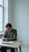 Young man in gray sweater sitting at wooden desk by window writing in notebook, focused on work in minimalist modern interior space.