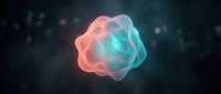 Glowing neon blob with coral and turquoise gradient floating in dark space with particles, suitable for tech and digital design backgrounds.