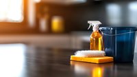 Cleaning supplies on wooden surface with spray bottle, yellow sponge and blue bucket in morning sunlight, creating cozy home atmosphere.