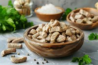 Fresh soy protein chunks in wooden bowl with herbs, salt and garlic. Plant based meat substitute for vegetarian and vegan cooking. Natural food.