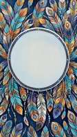 Decorative feather frame with ornate circular border on dark blue background. Bohemian style design with colorful plumes in turquoise, orange and purple tones.