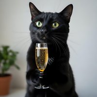 Black cat holding champagne glass with golden sparkling wine, celebrating with humorous expression and yellow eyes, perfect for festive greeting cards and humorous pet-themed designs.